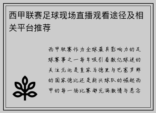 西甲联赛足球现场直播观看途径及相关平台推荐